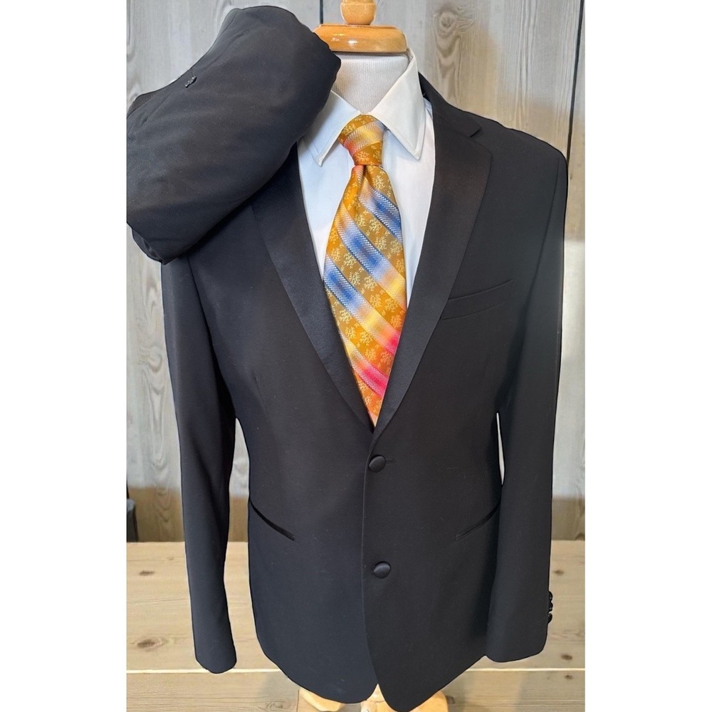 Caravelli Slim Tuxedo Suit Jacket Mens Sz 40L Pants 34 x 32 Black‎ Satin Lapel